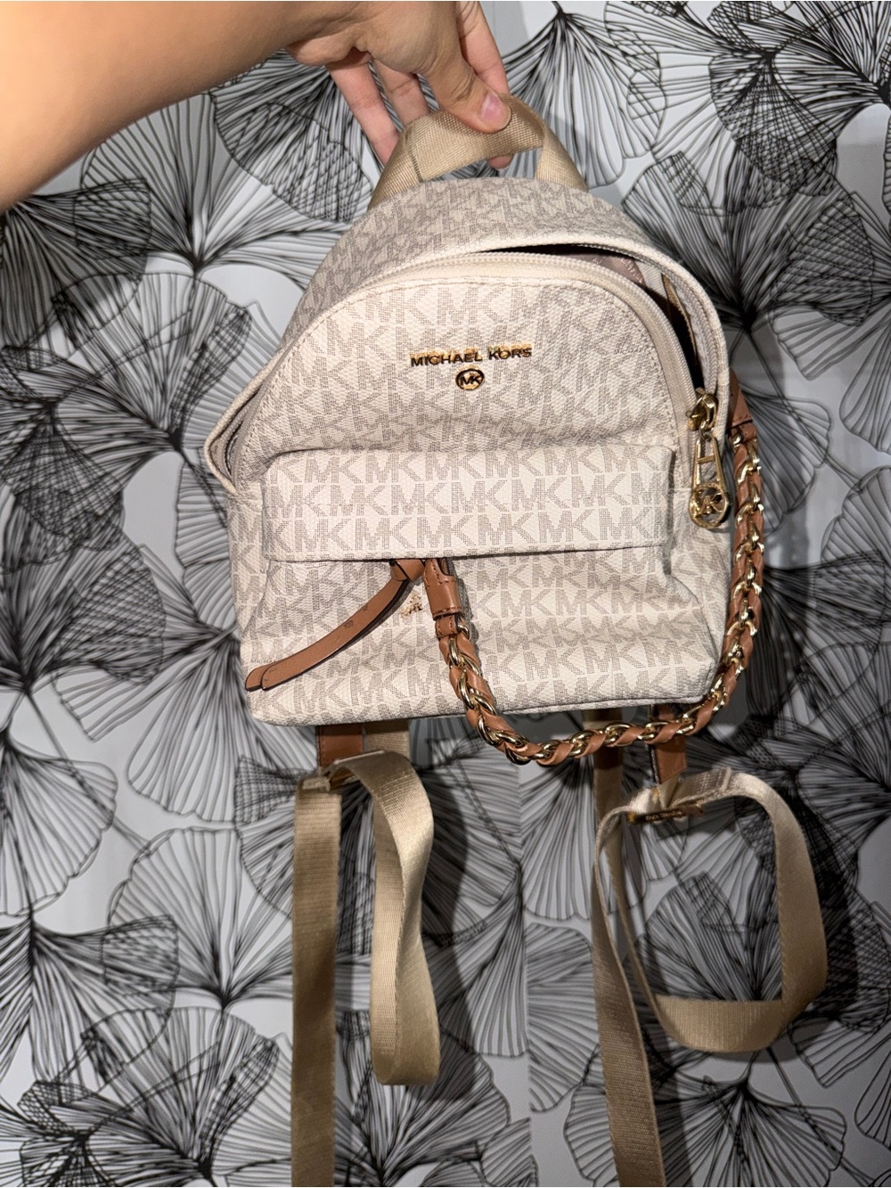 Michael Kors Beige Ivory MK Logo Mini Backpack with Gold Chain